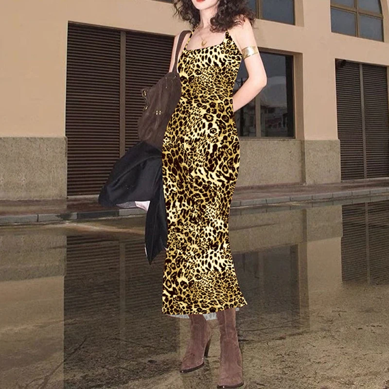 

T2K Summer New Women's Leopard Pattern Sleeveless Retro Slim Fit Long Dress Sexy Backless Women's Italian Noodle Strap Skirt