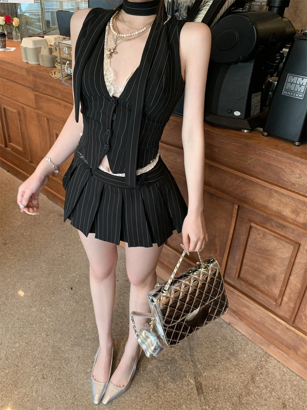 2024 Summer 2 Piece Skirt Set V-neck Lace Patchwork Striped Casual Camisole Women + High Waist Pleated A-line Skirt Vintage Suit