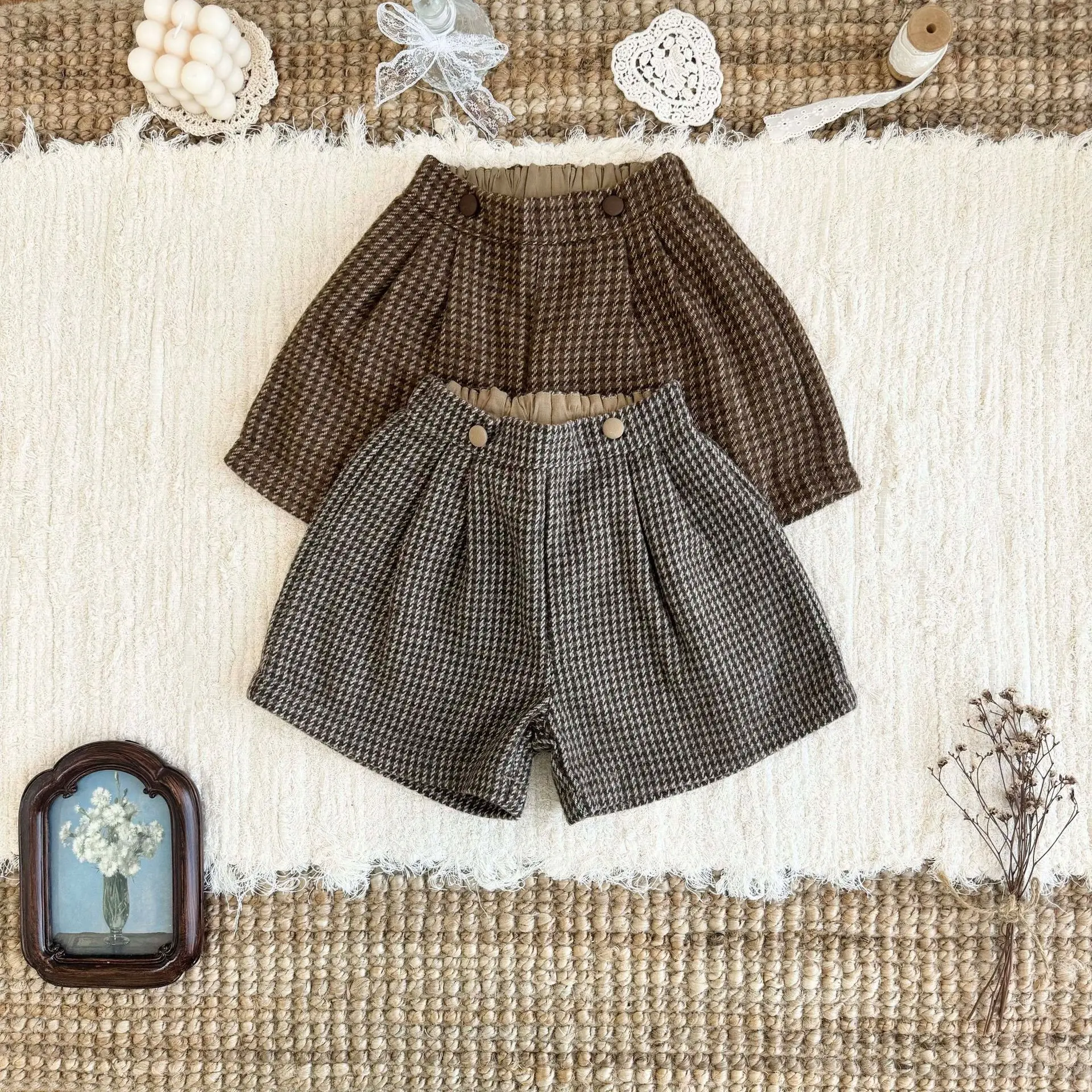 Girls Wool Plaid Shorts Houndstooth Plaid Girls Stylish British Style Boots Pants Suit Shorts Classice Fashion