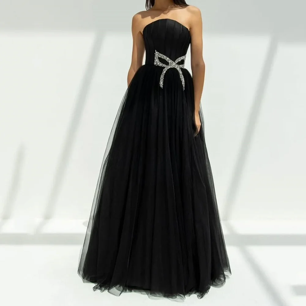 

Customized A-Line Prom Dresses Floor-Length Strapless Sleeveless Evening Gown Fashion Crystal Draped Backless Simple Party Gown