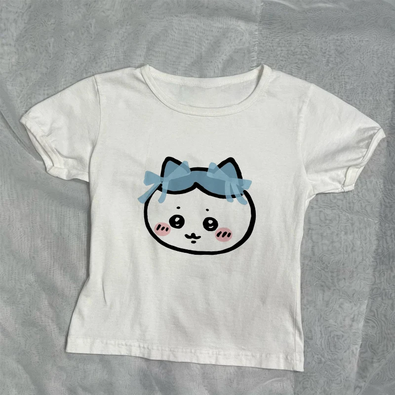 2000s خمر المرأة المحاصيل الأعلى فاسق الشارع الشهير ضئيلة الجمالية Chiikawa طباعة الجرونج Y2k الملابس القوطي ايمو الطفل المحملة النساء بلايز 90s