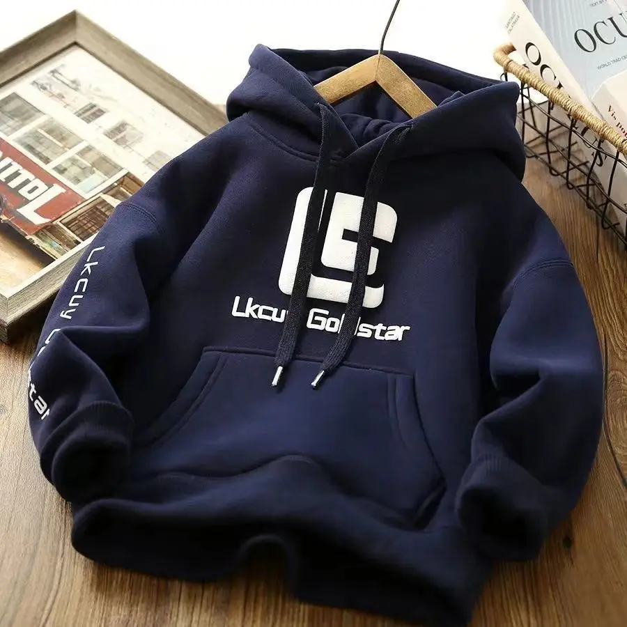 3-12 Years New Autumn Winter Boys Hoodies Lined With Plush Lining Thick Keep Warm Letter Hooded Sweatshirt For Kids