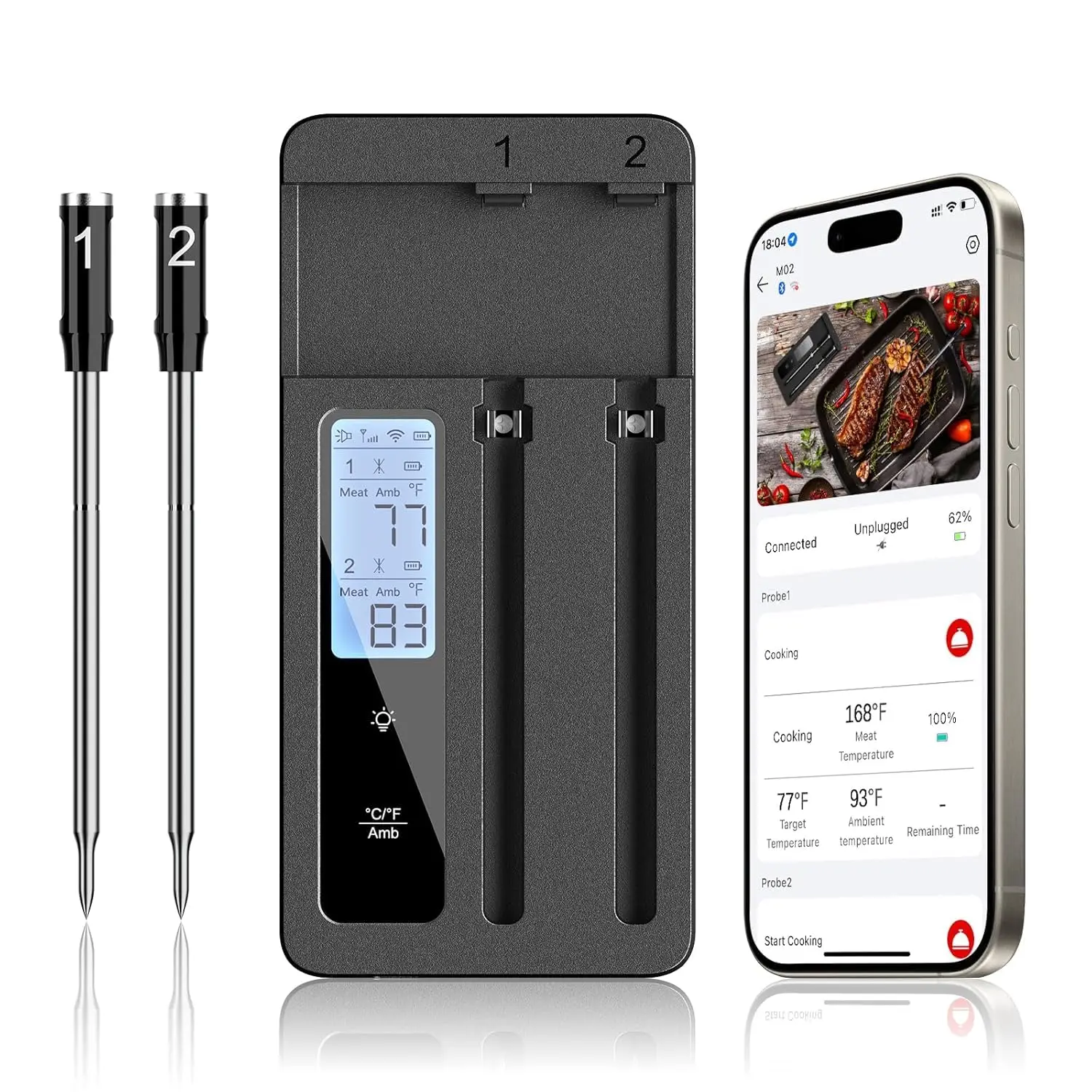 

Wireless Meat Thermometer with Dual Probes - Bluetooth Cooking Tool for Grilling, Smoking, Roasting & Frying