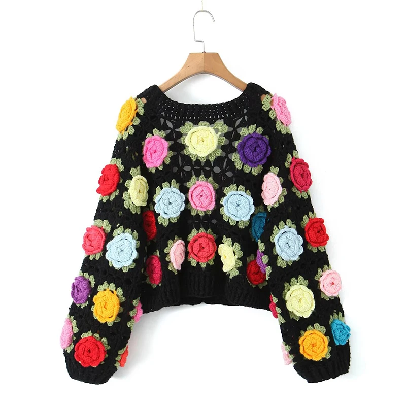 Autumn Winter Women Hand Crochet 3D Flower Boho Cardigan Crop Sweater