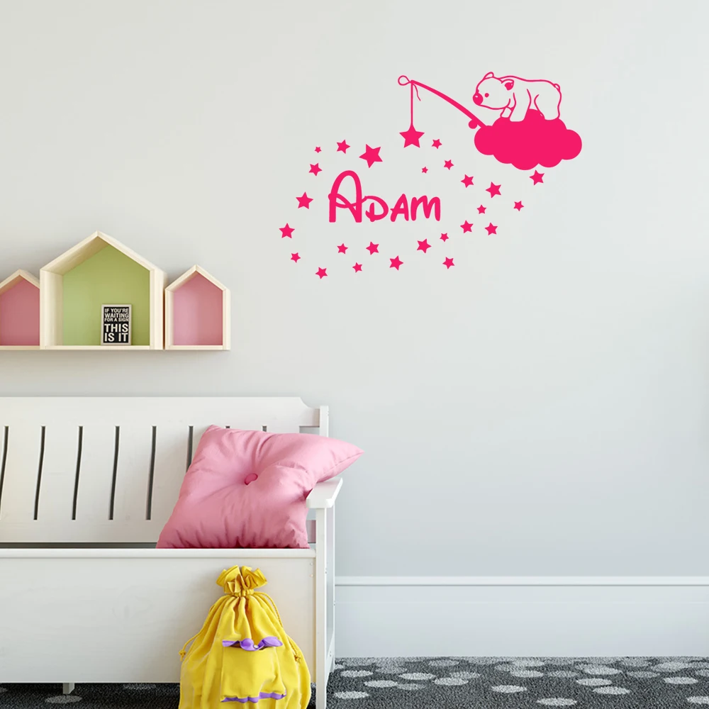 1pc A bear that treads on a white cloud and fishes for the stars Customized Text Wall Stickers Home Decor Accessories