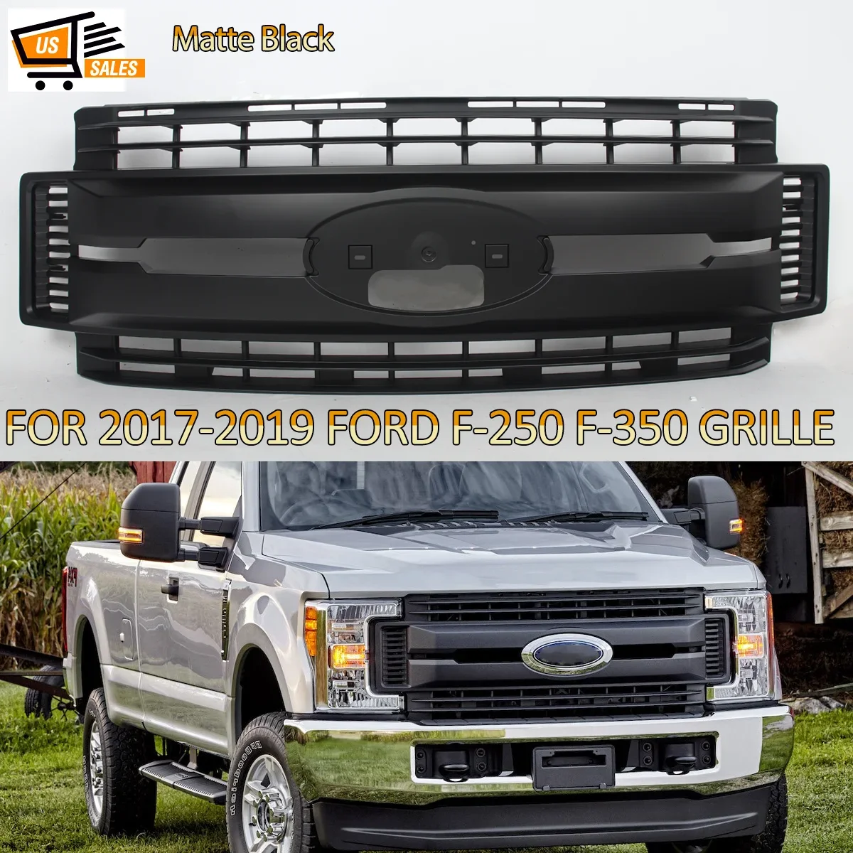 For 2017-2019 Ford F250 F350 Super Duty XL XLT Matte Black Grille HC3Z-8200-BB