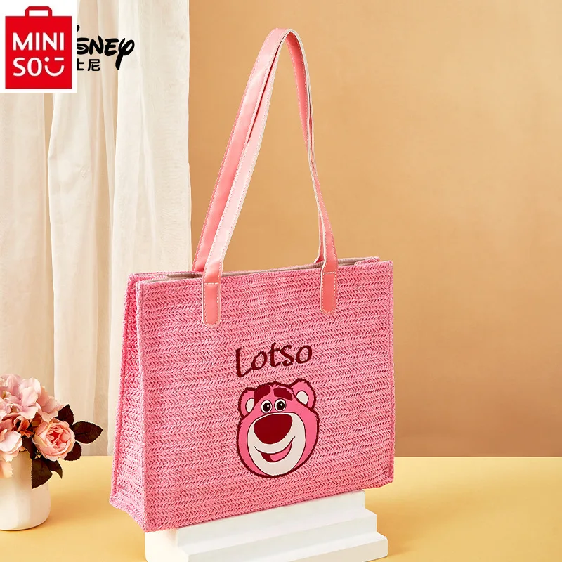 MINISO Disney Raspberry Bear Grass Woven Tote Bag for Women Sweet, Fresh, and Versatile Large Capacity Storage Beach Bag