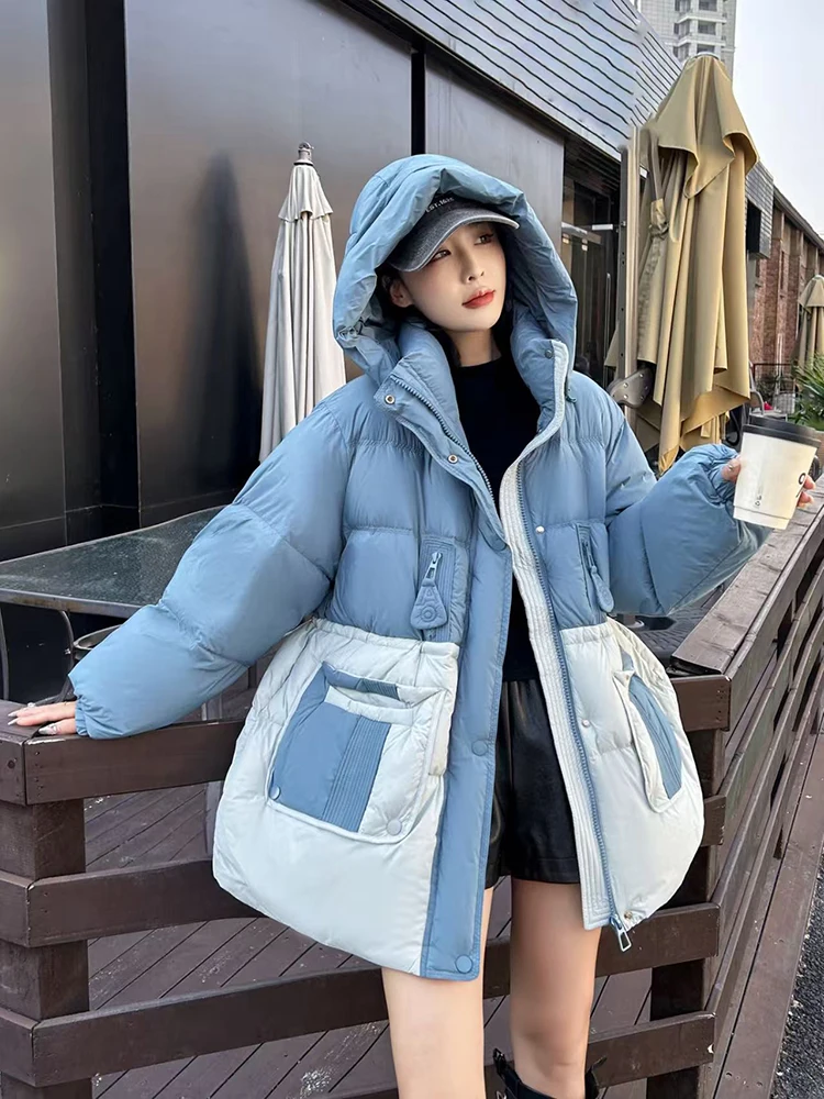 

Winter Puff Patchwork Hooded Down Jacket Female Thicken Warm Pocket Jackets Women White Duck Down Fluffy Zipper Parker Outwears