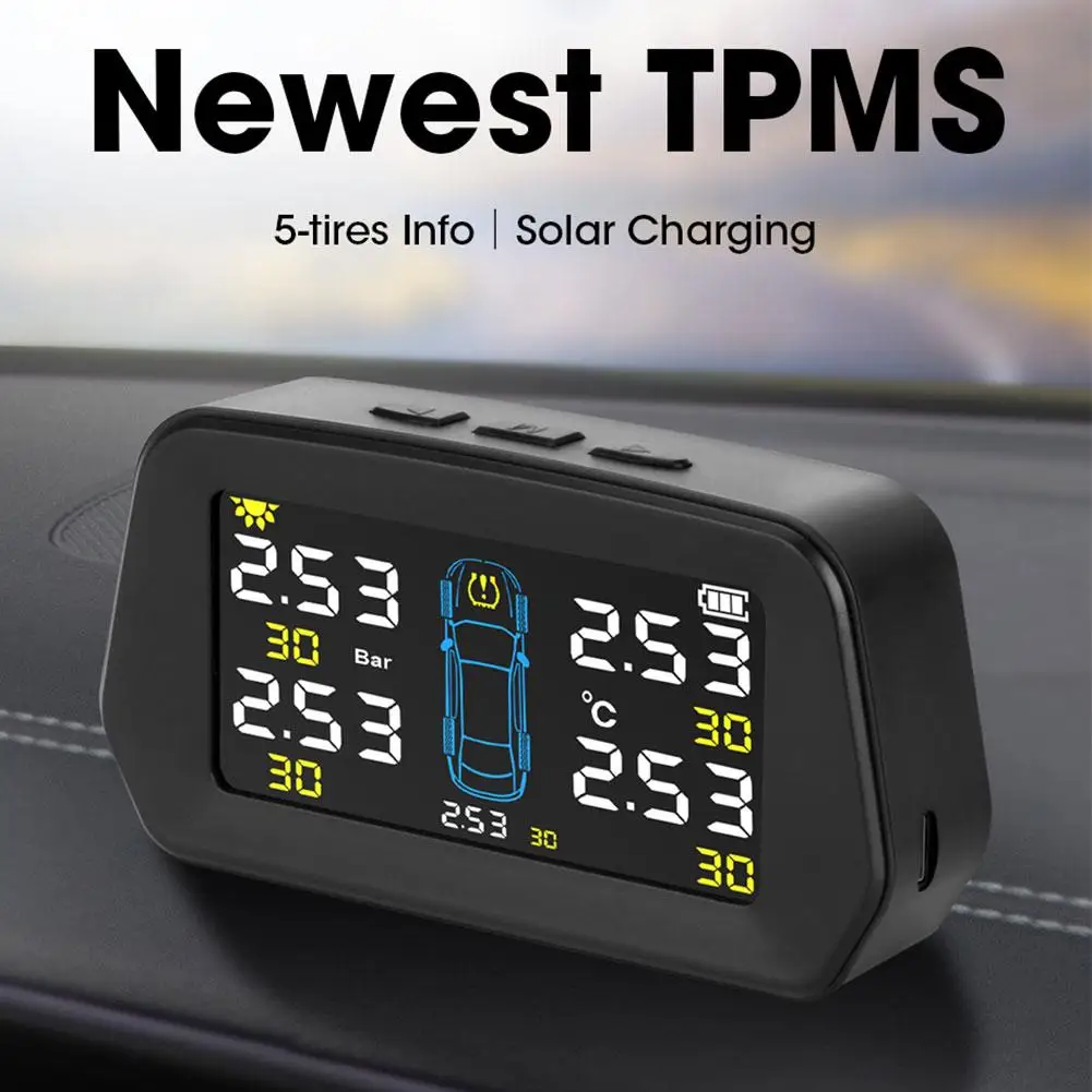 Car TPMS Tire Pressure Monitoring System Solar Charging LCD Display Auto Alarms Wireless External Sensors Spare tire included