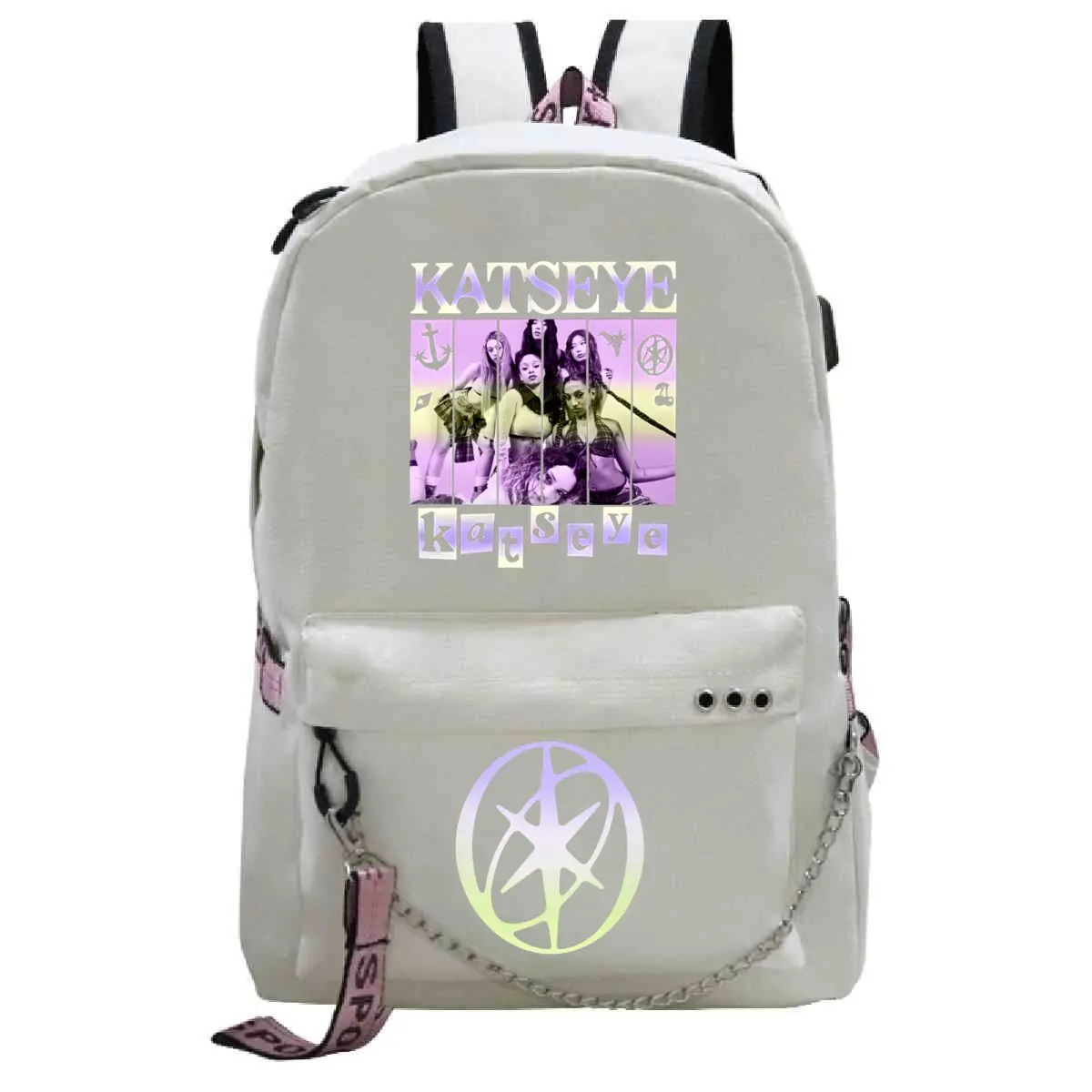 Katseye Pop Girl Group USB Port Backpack Women Aesthetics Chain Zipper School Bookbag Fashion Korean Ulzzang Teen Singer Bagpack