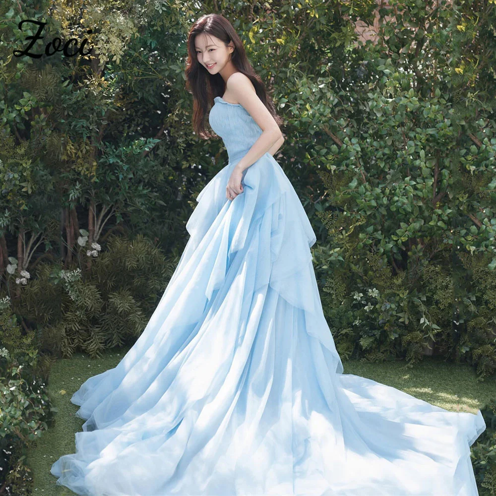 

Zoci Elegant Strapless Blue A Line Wedding Dresses Ruffles Tiered Tulle Korea Photo Shoot Floor Evening Party Dress Custom Made