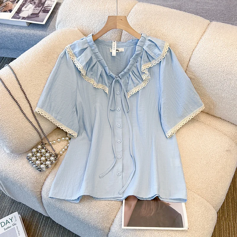150Kg Plus Size Women's Bust 150 Thin Doll Collar Shirt Summer Short Sleeved Lace Top 5XL 6XL 7XL 8XL 9XL