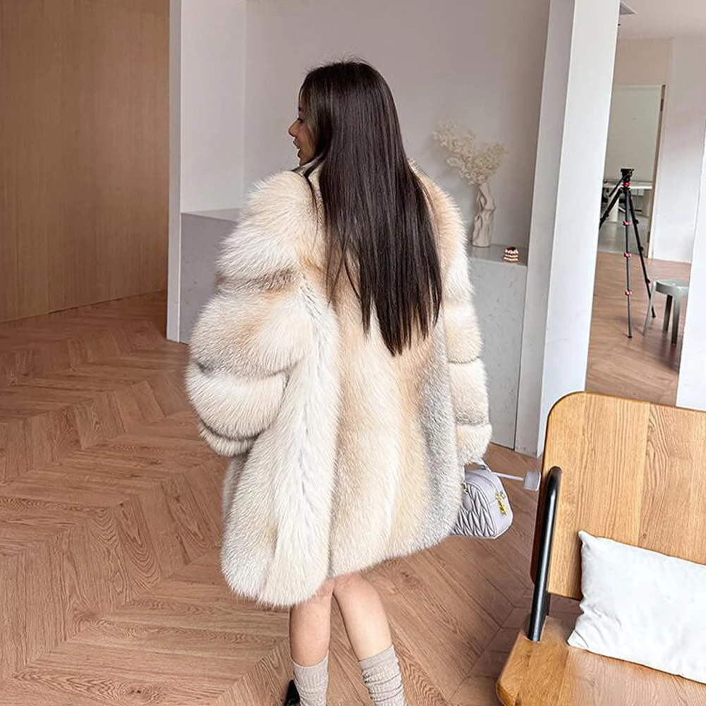 Denny&Dora Women's Fox Fur Coat Winter Real Fox Fur Jackets Stand Collar Light Brown Coat