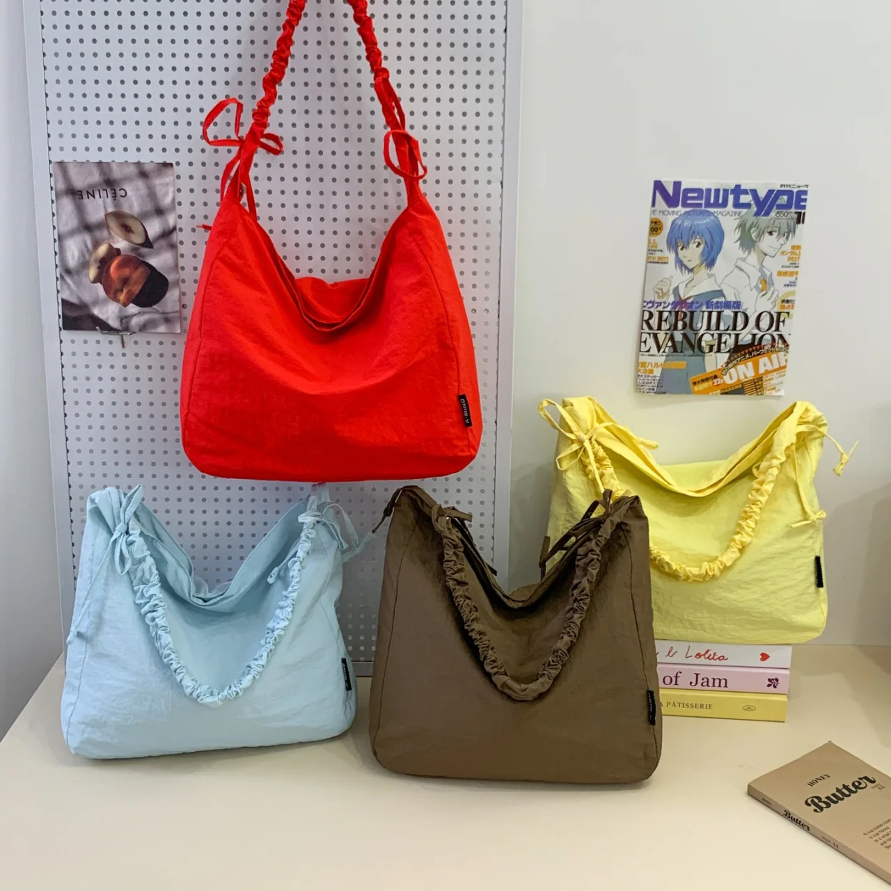 Fashion Sweet Ruffled Drawstring Hobo Bag Custom Logo Soft Foldable Nylon Shoulder Purse Multi Pastel Color Travel Shopping Bag