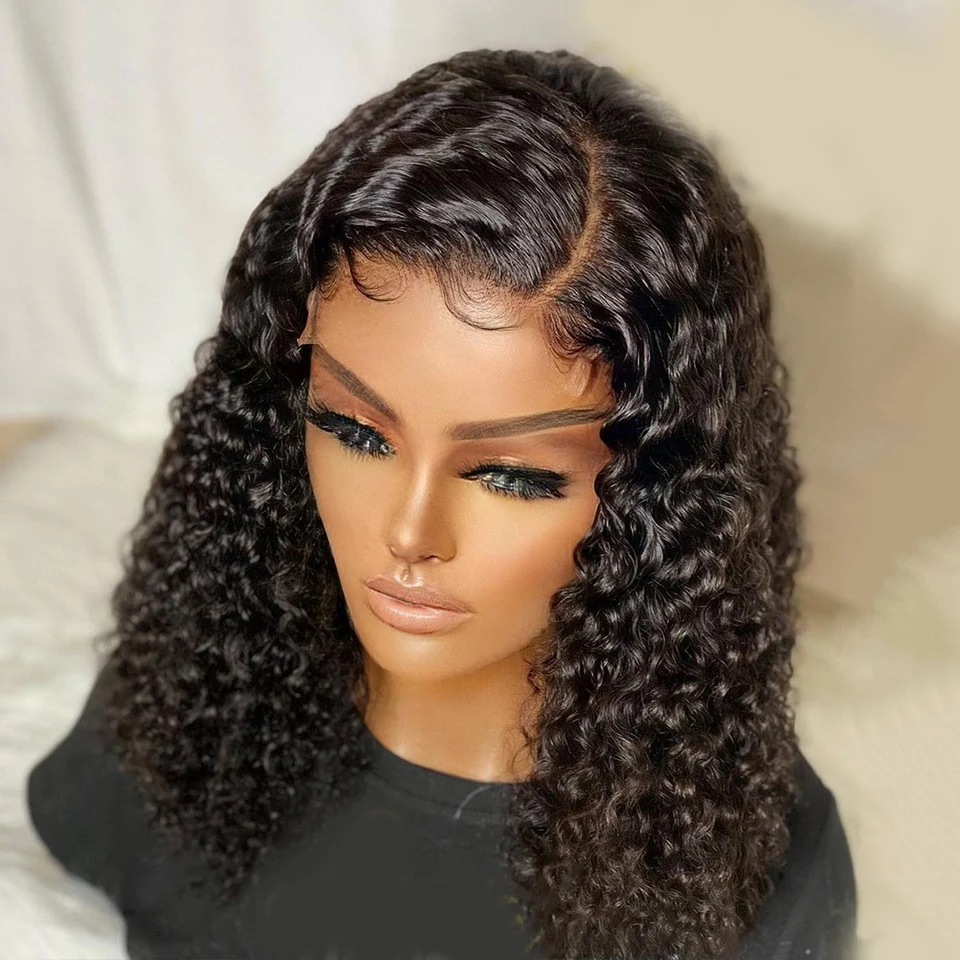 Peluca con malla frontal para mujer, pelo negro Natural sin pegamento, densidad de 180, suave, 26 pulgadas, largo, rizado, profundo, con pelo de bebé, prearrancado para uso diario