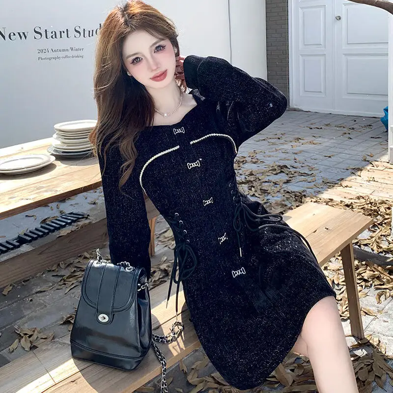 Hot 2026 Autumn Winter New Women Fashion Small Fragrance Style Long Sleeved Dress Socialite Princess Style Medium Long T-Shirt