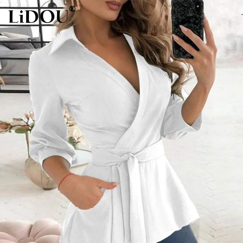 Spring Autumn Deep V-neck Waist Lace Up Shirt Ladies Slim Casual Solid Color Blouse  Women's Elegant Fashion Top Female Clothes