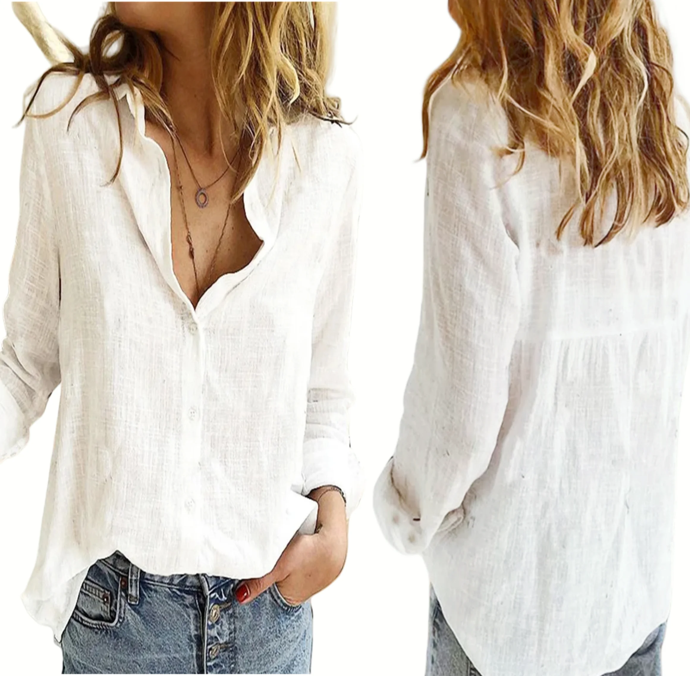 

Women's Elegant Cotton Linen Shirts Casual Solid Button Lapel Blouses Shirts Autumn Winter Long Sleeve Loose Tops Tunic Blusas