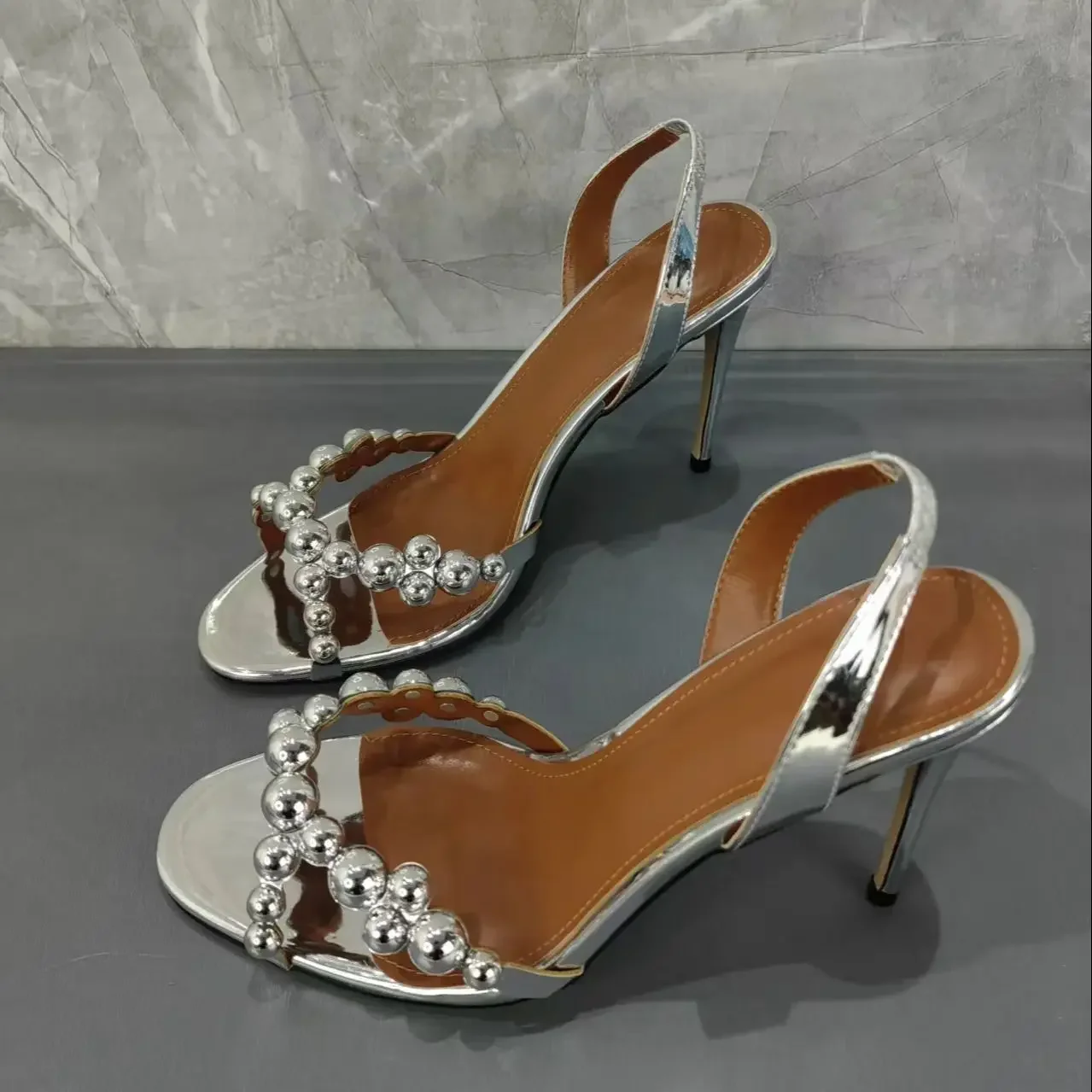 

Slingback Elastic Band Pumps Female Peep Toe Wedding Shoes Stiletto High Heels DE Bling Rhinestones Silver Crystal Sandals Women