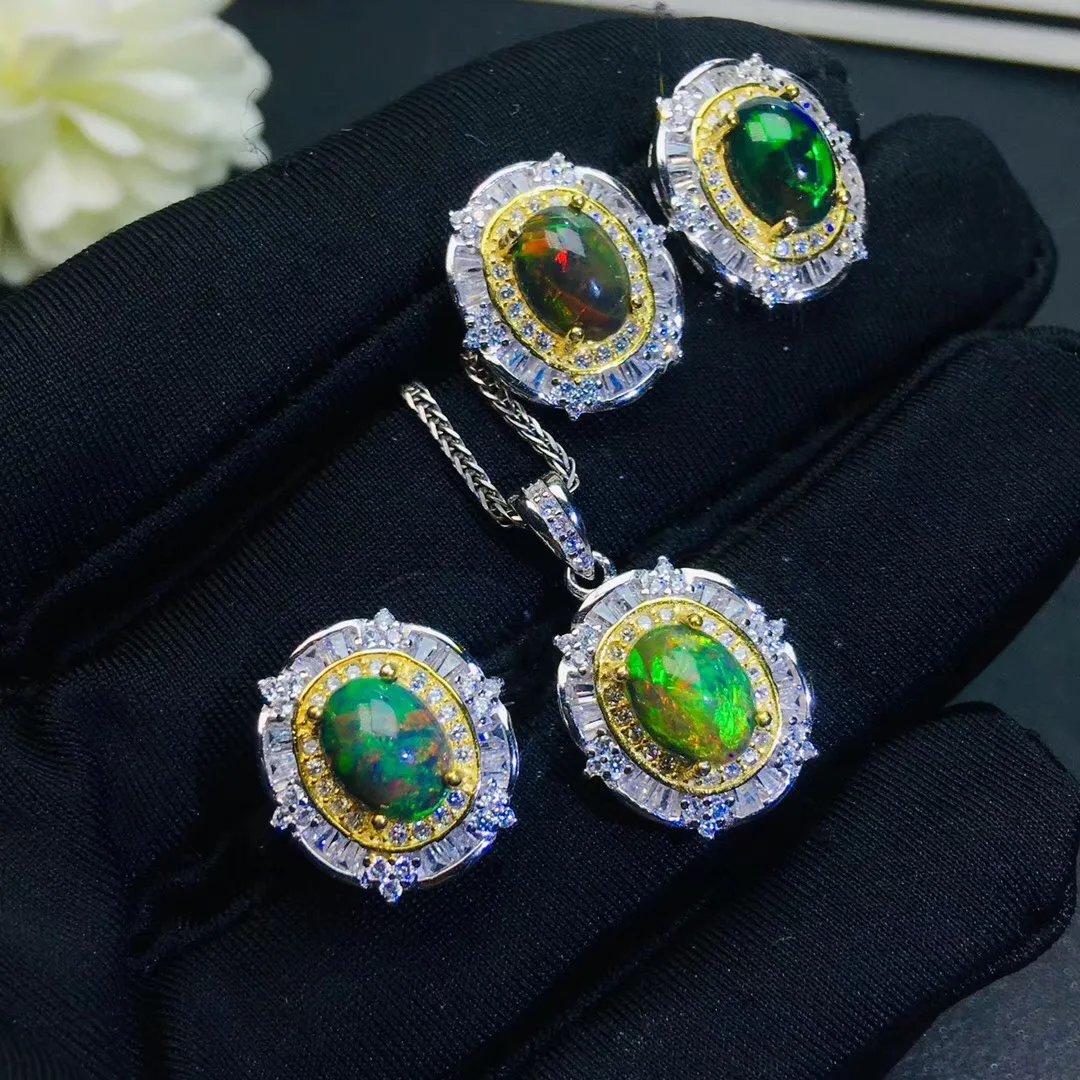 

Fine Jewelry 925 Sterling Silver Inlaid Natural Black Opal Necklace Ring Earrings Women's Set Support Detection