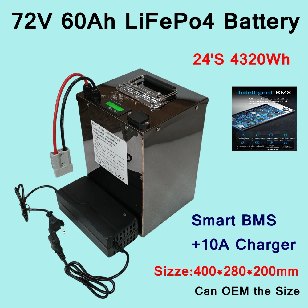 

CZ-72V 60Ah Deep Cycle Long Life LiFePO4 Battery BMS 24S для гольф-каров 7000W 4000W, туристического снаряжения, электронного скутера, велосипеда + зарядки