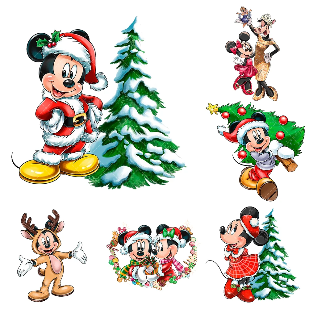 Tree Christmas Mickey Iron On Heat Transfer Stickers For Clothes Dtf Pinted Vinyl Thermal Appliques Washable T-shirt Decal