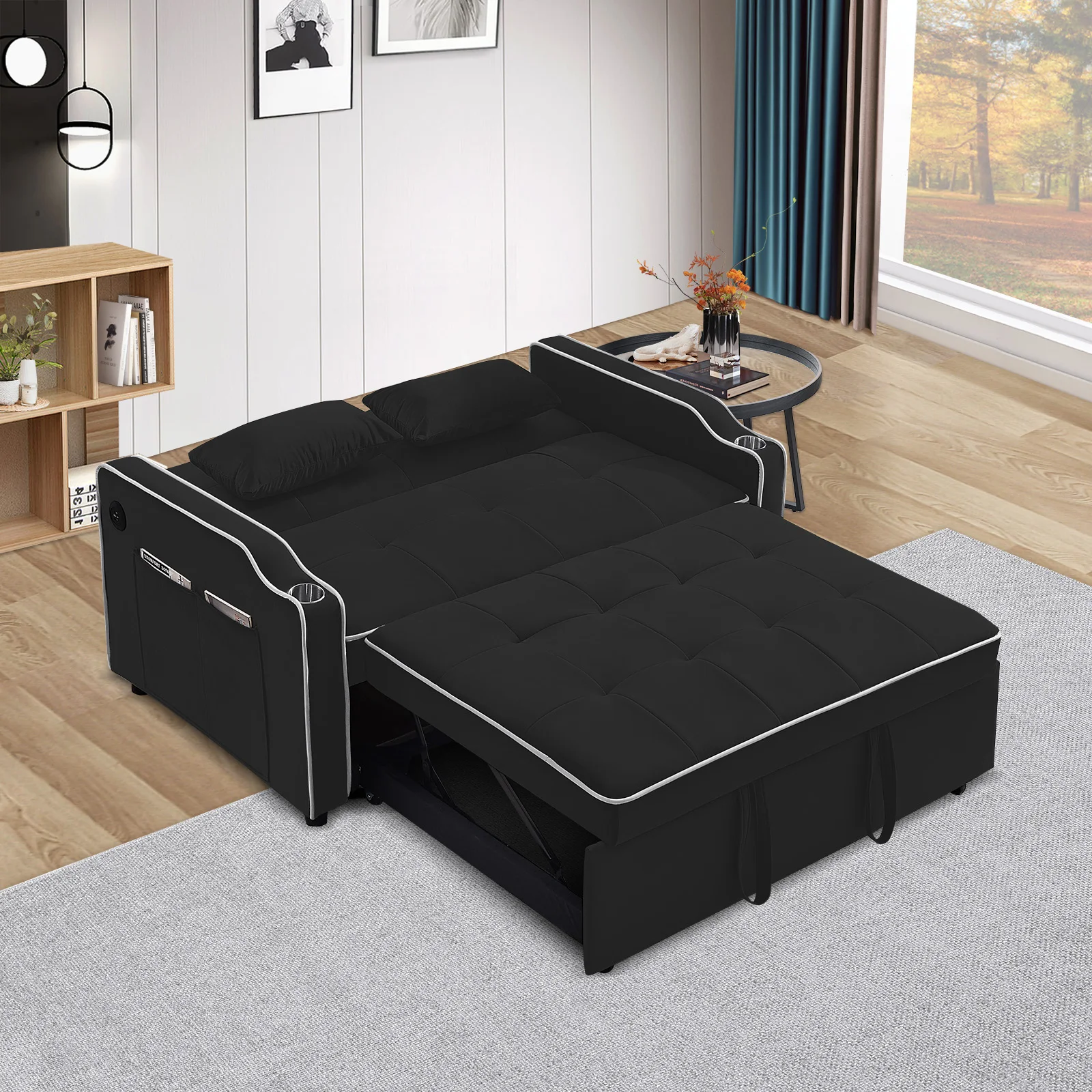 Multi-Functional Velvet Sleeper Couch Pull-Out Bed Loveseat Sofa Chaise Lounge with USB Port Cupholder Adjustable Backrest