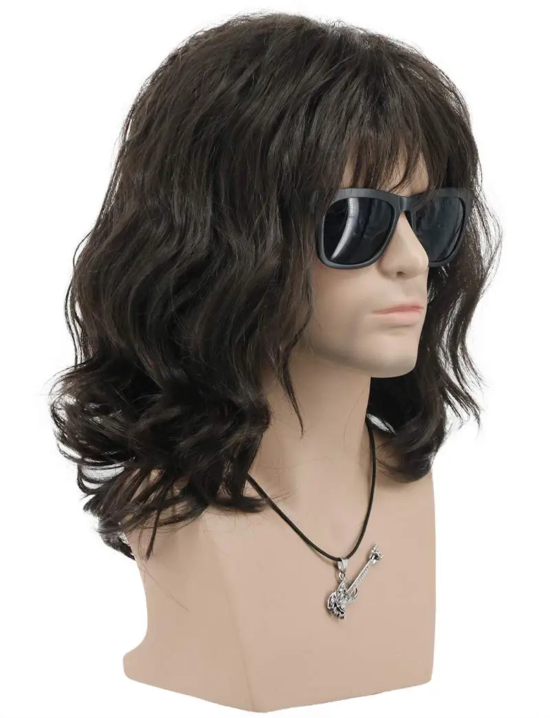 70s 80s Punk Rocker Party California Wigs Men Women Long Wave Dark Brown Halloween Costume Cosplay Wigs