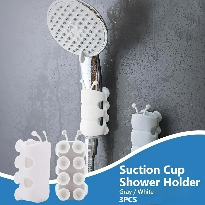 3 Pieces Removable Suction Cup Shower Bracket No Drill Shower Head Wall Storage Holder Bathroom Accessories White Gray Two Color