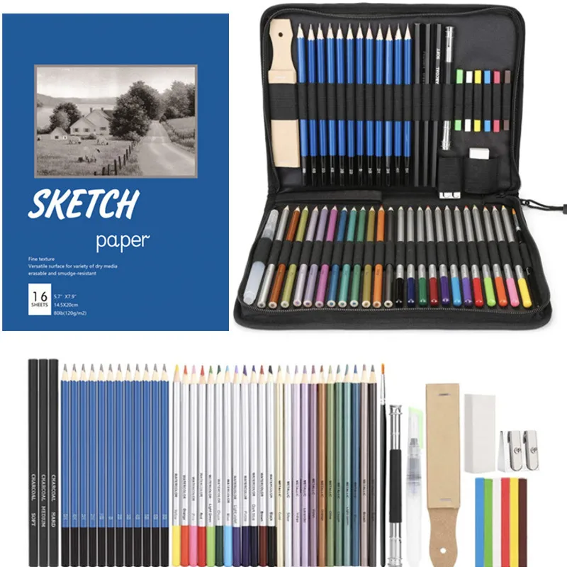 52 Pack Professional Sketch Drawing Kit Bag Graphite Charcoal Pencil Kit Painting Supplies Art Students School Stationery