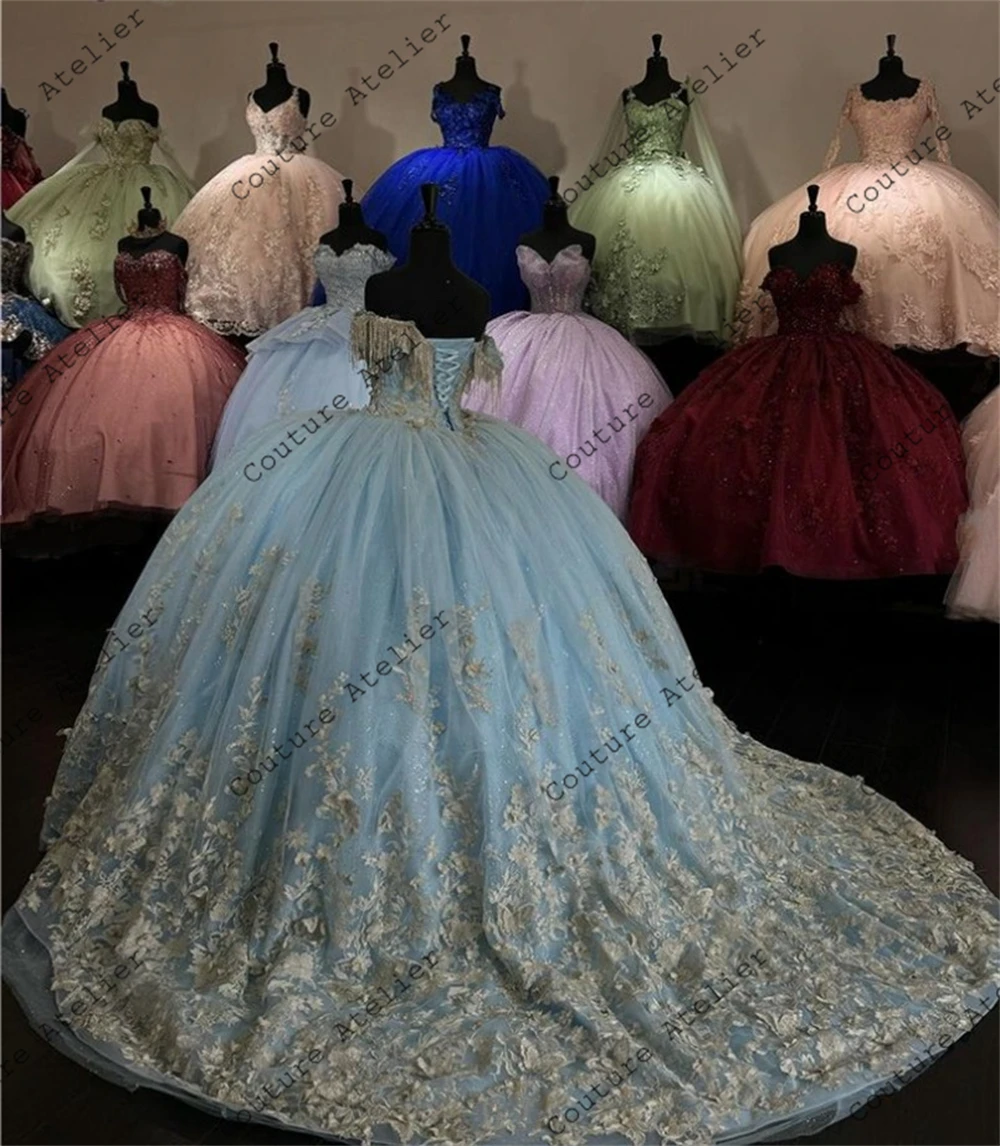 Apliques de encaje con borlas plateadas, vestidos de quinceañera azul para bebé, brillante vestido de baile, vestido de fiesta de cumpleaños, dulce 15 16, vestido de Graduación