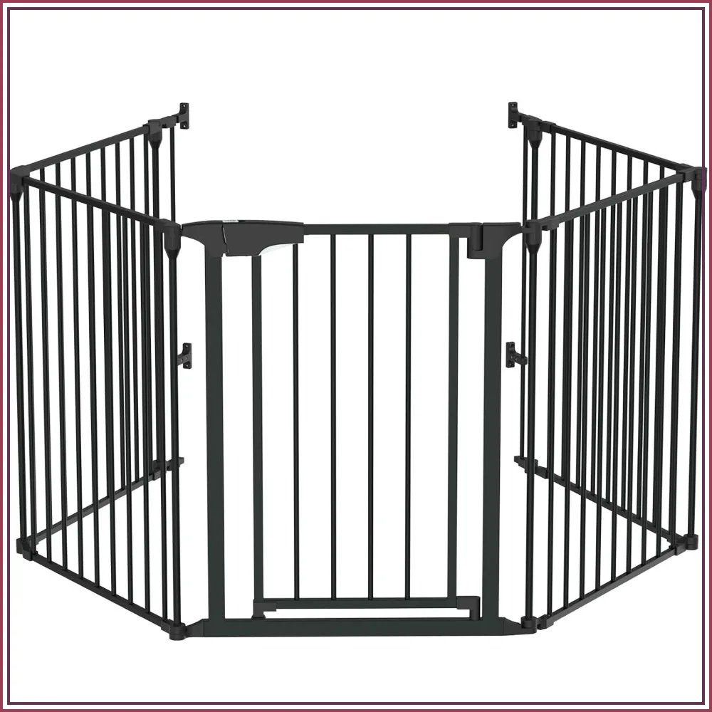 134 in Wide Configurable Baby Gate, 5-Panel Metal Play Yard, Fireplace Fence, Wall Mounts, Black