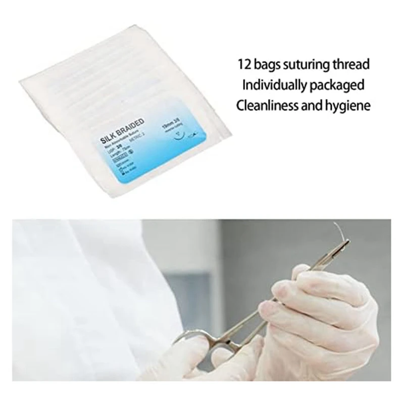 12Pcs Suture Set, Silk Thread Suturing Kit With Curvedneedle Wound Suture Practice Thread For Clinic For Veterinary