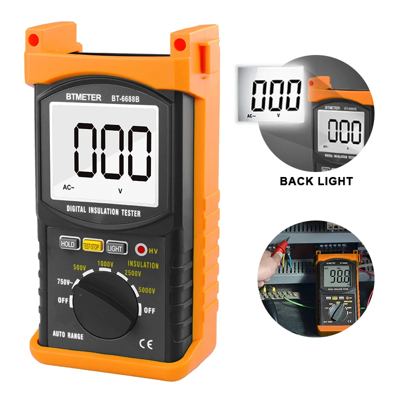 BTMETER BT-6688B Insulation Resistance Tester, Automatic Ranging, Backlight Display, Portable Megohm Meter,500V/1kV/2.5kV/5kV