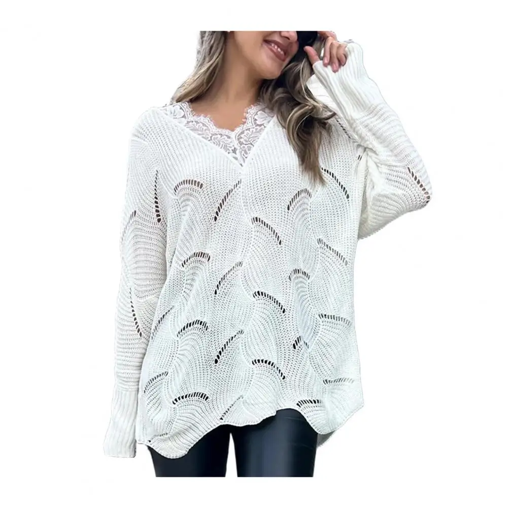 Women Loose-fit Sweater Stylish Women's V Neck Sweater With Lace Detail Loose Fit Hollow Design Knit Top For Streetwear Party