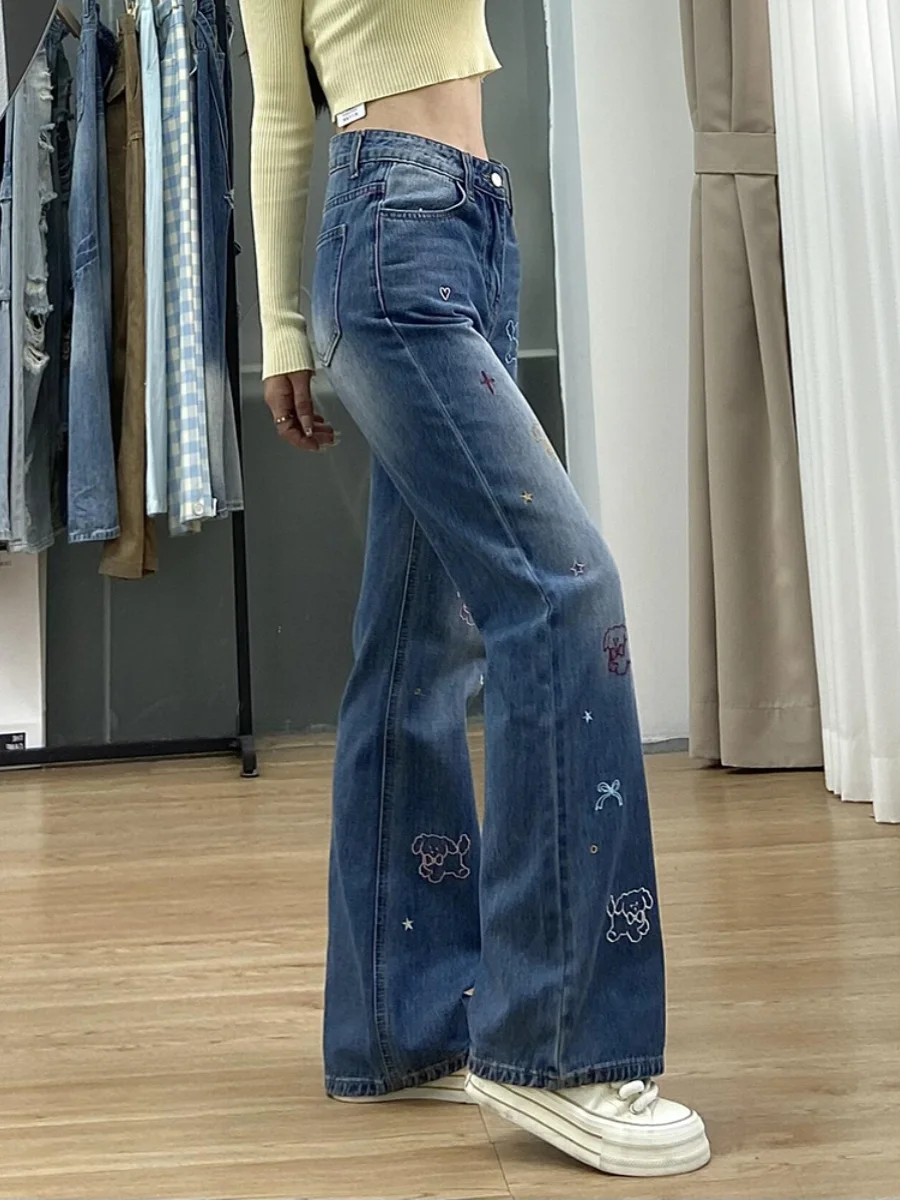 

Джинсы женские с вышивкой в стиле American Sle Dog, с высокой талией, прямые, облегающие, с широкими штанинами, слегка расклешенные, длинные, осенний дизайн