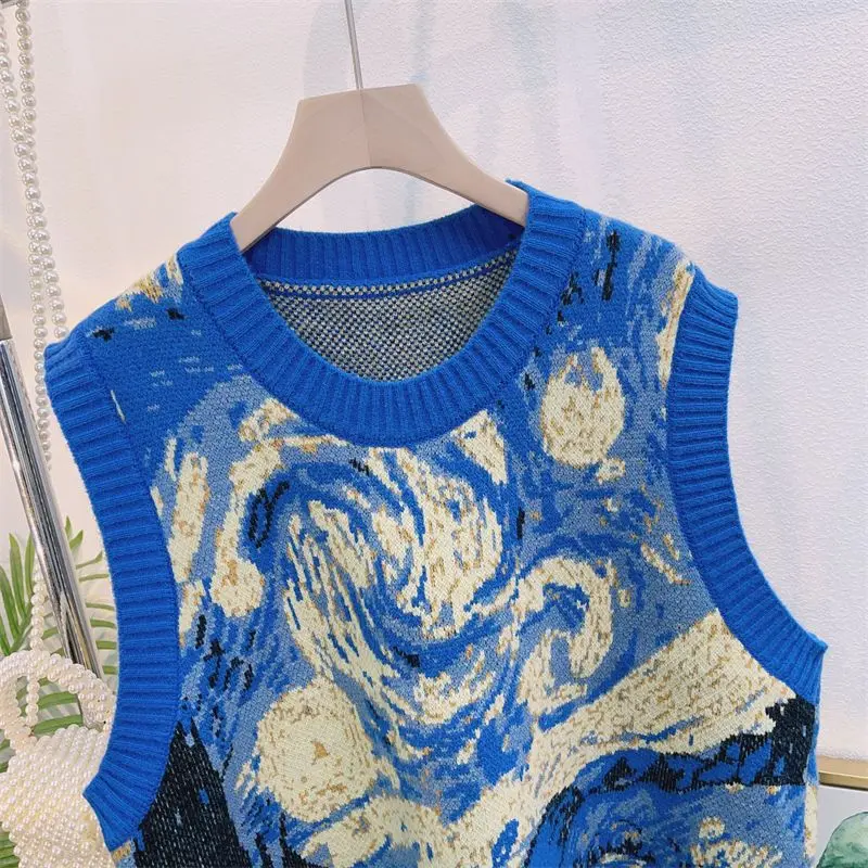 Gogh oil painting autumn and winter new niche design sense knitted sweater vest sleeveless pullover sweater vest ins jacket