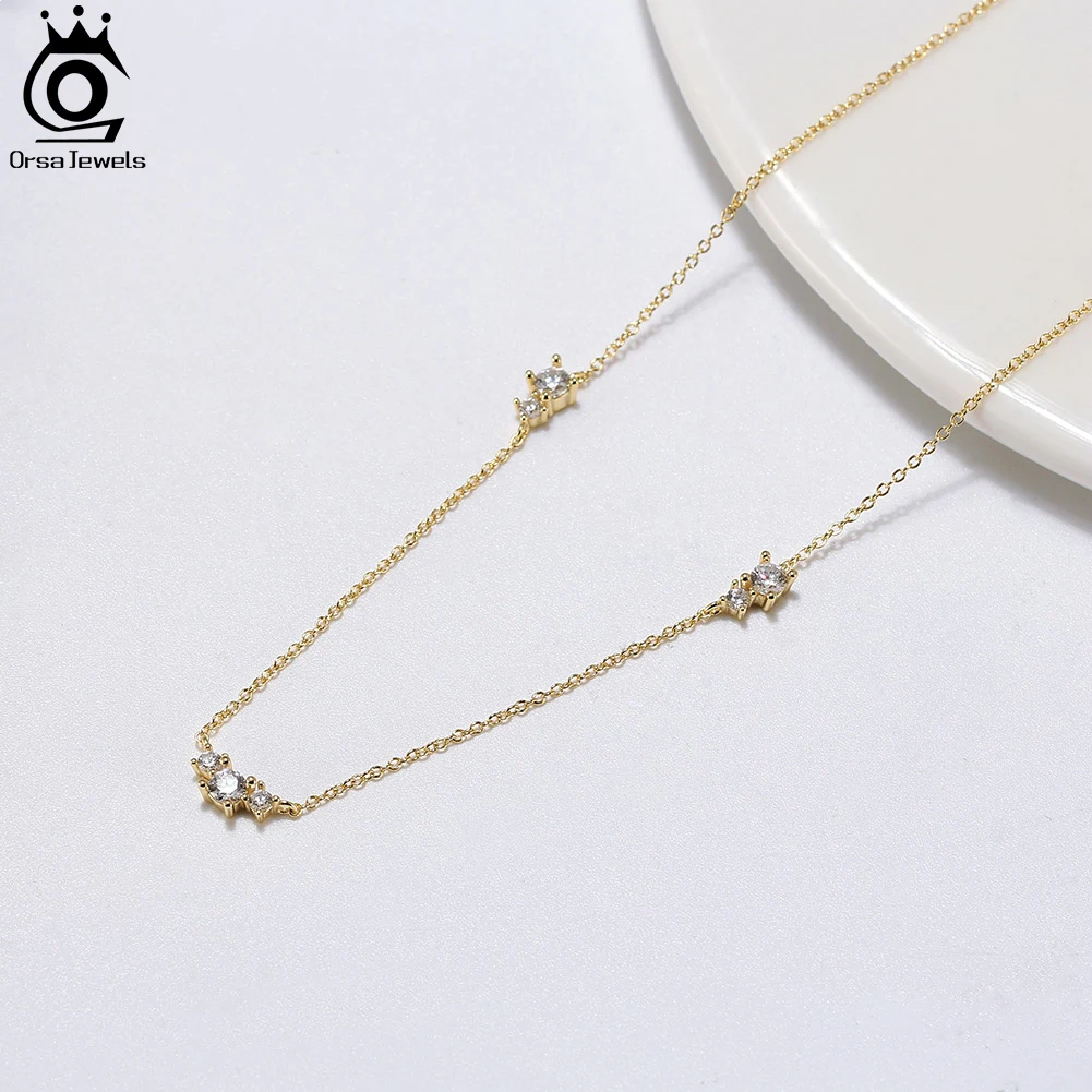 ORSA JEWELS 925 Silver Chain Necklace Delicate Cubic Zirconia Collar Necklace Trendy Jewelry Wedding Gift Female Party APN20