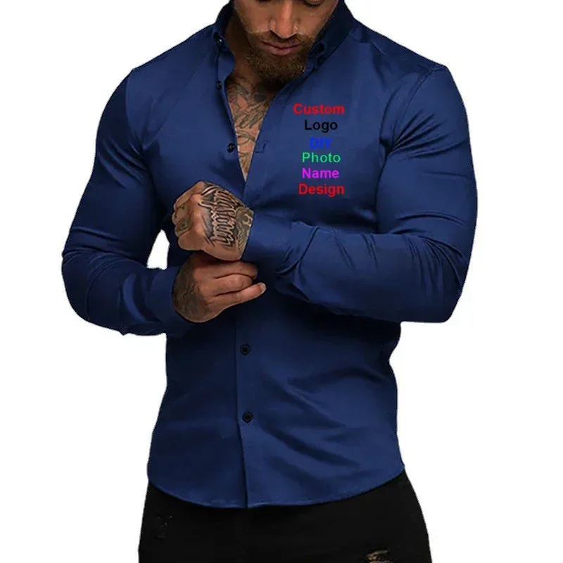 تخصيص DIY شعار العلامة التجارية الخريف الرجال طويلة الأكمام سوبر سليم صالح عادية قميص الربيع رفض طوق فستان الأعمال قميص