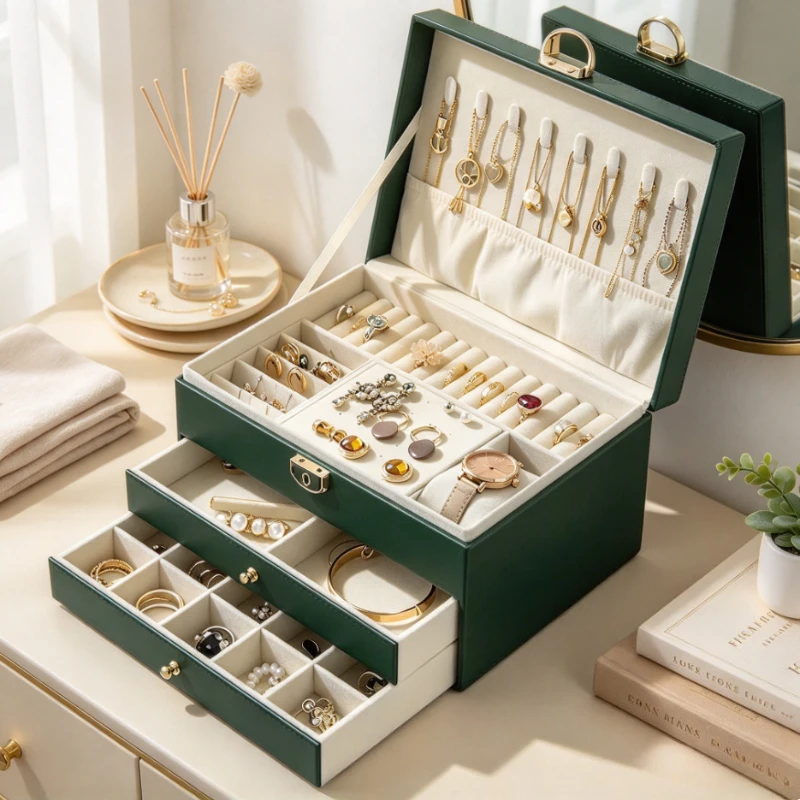 Jewelry Box Lockable PU Leather Organizer Soft Velvet Lining High Density Foam Display Storage for Earrings Rings Gift Home Use