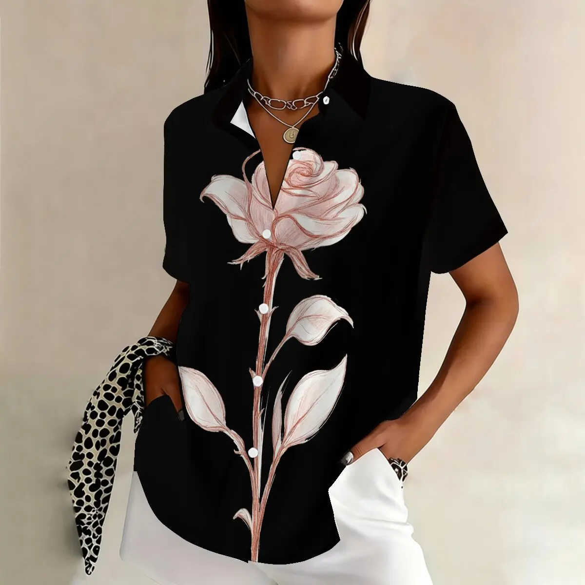

Summer plus-size women's single-breasted shirt with unique rose print,elegant and fresh,suitable for social gatherings and datin