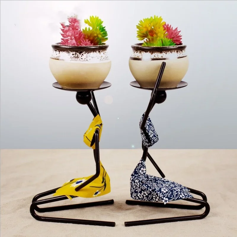 

Creative mini succulent flower pot wrought iron artist small flower stand African woman home desktop decoration candle holder