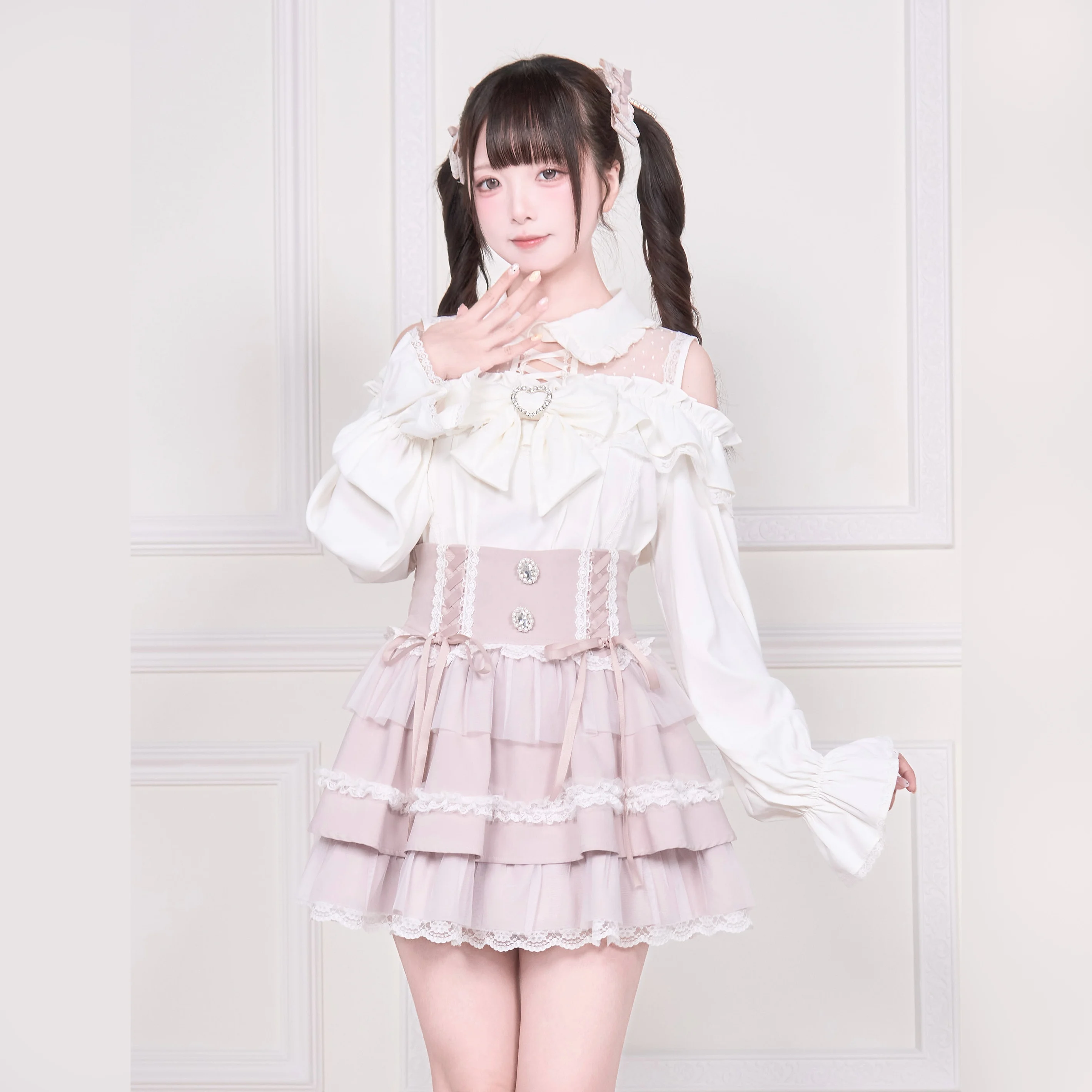 Original Japanese Mine Mass-Produced Black Long-Sleeve Shirt Autumn 2025 New Sweet Bow Off-Shoulder Lo Shirt Mini Skirt Set
