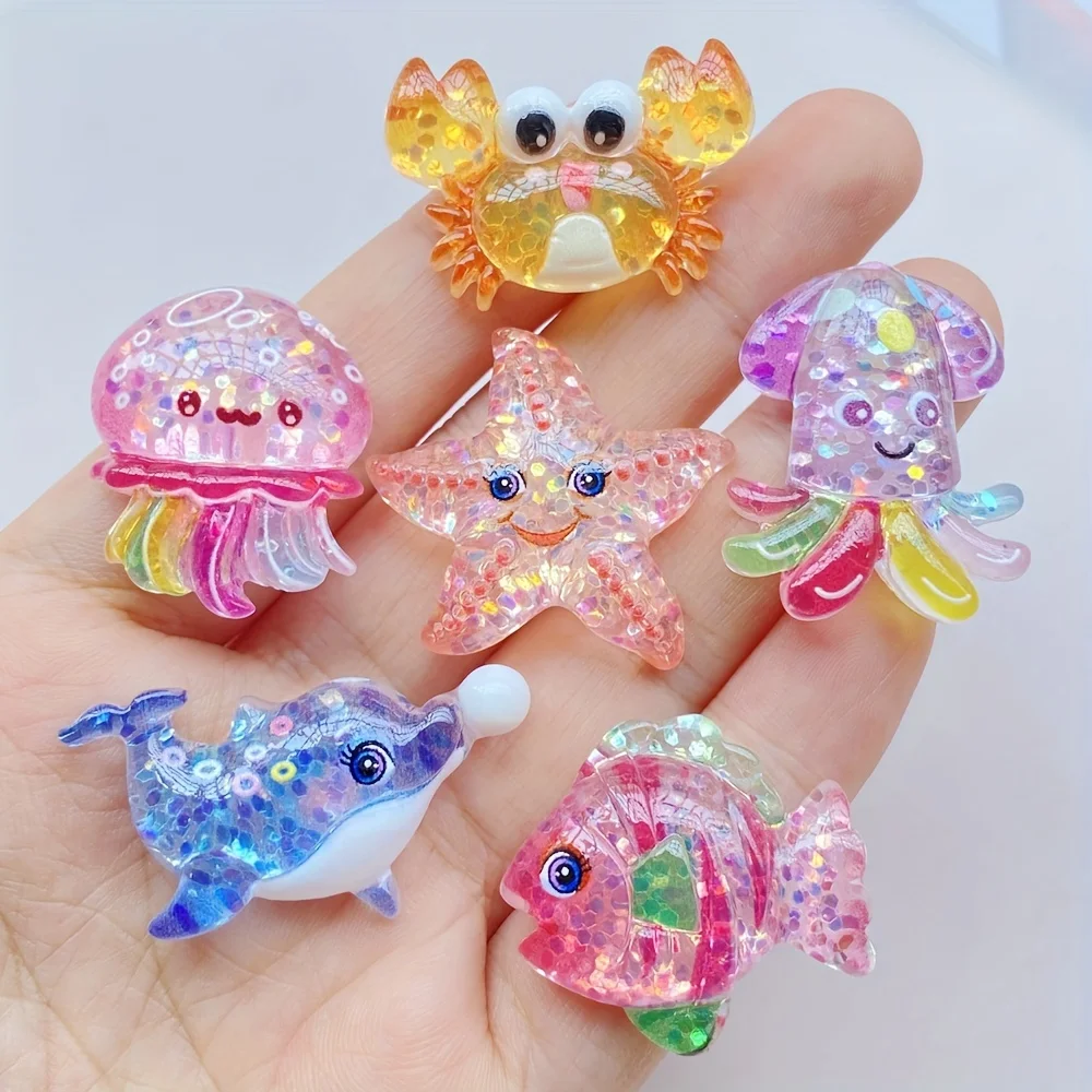 8Pcs Sparkling Marine Animal Charms, Dolphin Octopus Crab Starfish, for DIY Jewelry, Bows & Nautical Decor