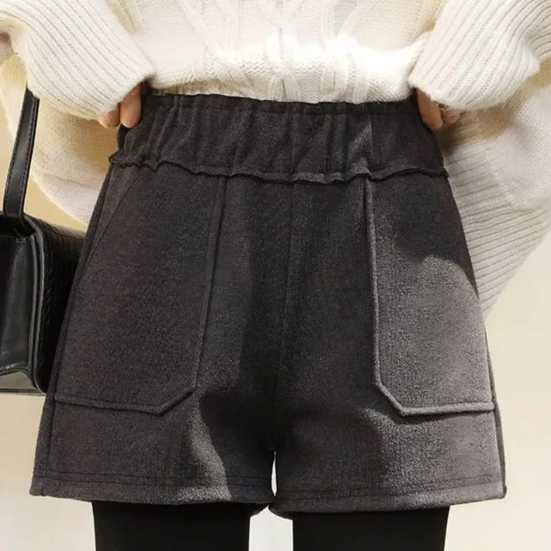 Woolen Shorts Women High Waist Korean Style Fashion Fall Winter Temperament Pockets Solid Office Lady Elegant Simple All-match