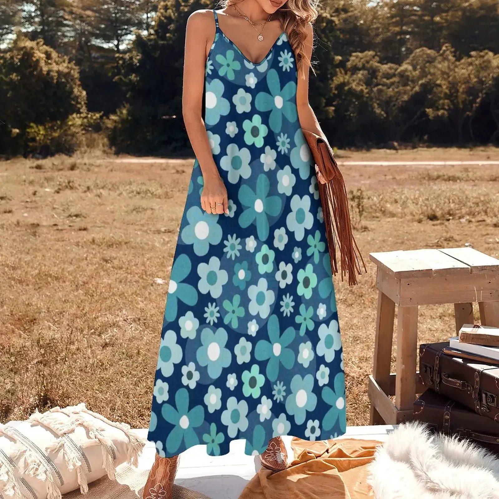 Groovy Baby - Indigo and Aqua Sleeveless Dress festival outfit women women's summer dresses 2025 summer women's suit Dress