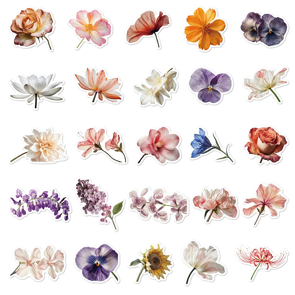 10/30/50pcs Cartoon Beautiful Blooming Flowers Stickers Aesthetic Decals Decoration Scrapbooking Phone Luggage Sticker Wholesale