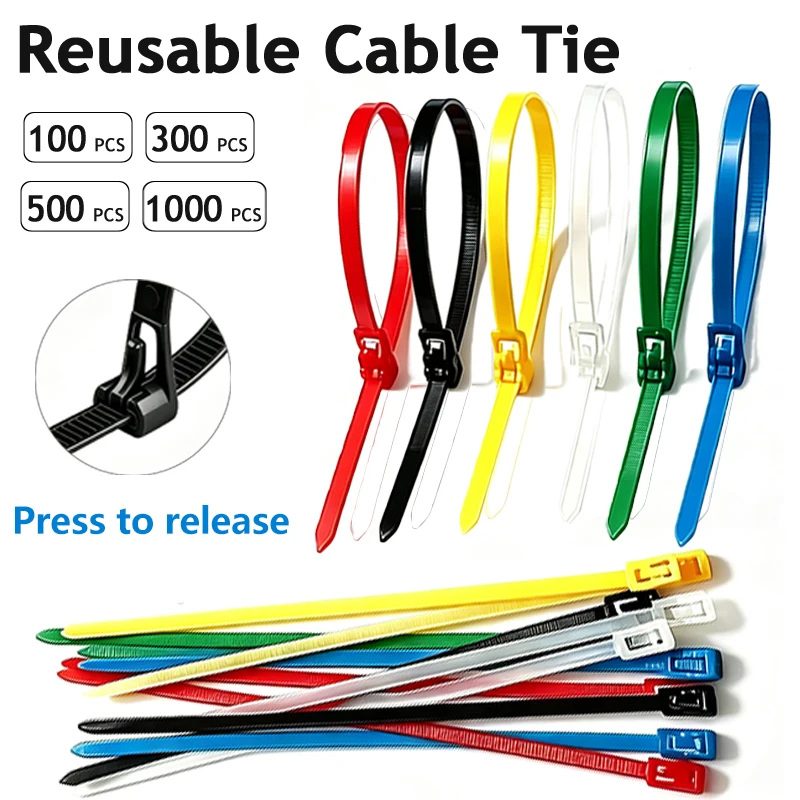 Reusable Plastic Cable Zip Ties with Quick Release Durable Nylon Wire Fasteners Adjustable Storage Bag for Home Office Outdoor