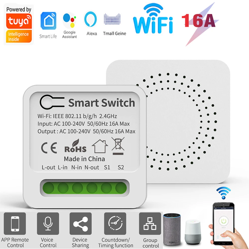 16A Tuya Smart WiFi Switch Support 2-Way DIY Switches Mini Smart Breaker Smart Life Control Support Alexa Google Alice