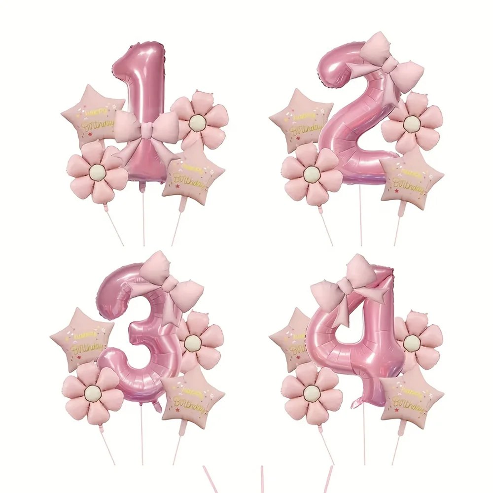 Ballon en aluminium avec chiffres roses de 32 pouces, 6 pièces, Mini marguerite, étoile de 18 pouces, ballons à nœud de 21 pouces pour garçons et filles, cadeaux de décoration de fête d'anniversaire
